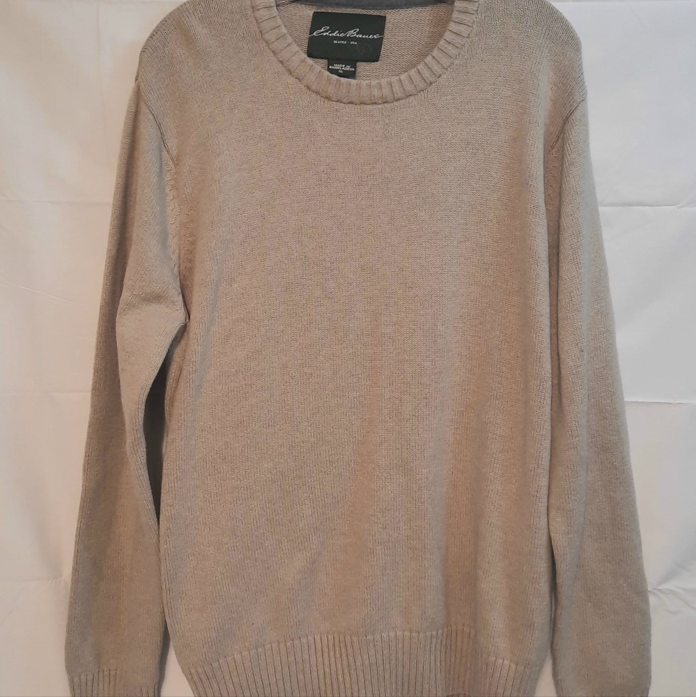 Eddie Bauer Sweater Mens XL Tan Beige Crewneck Pullover Knit Combed Cotton